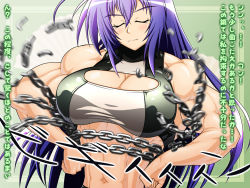 Rule 34 | 1girl, blue hair, breasts, chain, cleavage, cleavage cutout, clothing cutout, extreme muscles, closed eyes, grin, kurokami medaka, large breasts, medaka box, midriff, muscular, muscular female, ren (tainca2000), smile, solo, translation request