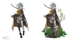 Rule 34 | 1girl, absurdres, ahoge, arrow (projectile), belt, blue eyes, blue gemstone, bow (weapon), breasts, brown belt, brown cloak, brown footwear, brown thighhighs, cloak, closed mouth, commentary, earrings, english commentary, facepaint, full body, gem, gloves, grey hair, grey shirt, grey skirt, hair between eyes, hair ornament, highres, holding, holding bow (weapon), holding weapon, humany, jewelry, leather, leather gloves, long hair, looking at viewer, midriff, multiple belts, multiple views, navel, on ground, original, outdoors, plant, ponytail, quiver, rock, shirt, side slit, simple background, single thighhigh, skirt, small breasts, standing, thigh strap, thighhighs, vambraces, variations, weapon, white background