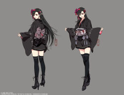 Rule 34 | 1girl, ankle boots, black hair, black kimono, black nails, black thighhighs, boots, closed mouth, commentary request, concept art, cross-laced footwear, eyeshadow, final fantasy, final fantasy vii, final fantasy vii remake, flower, from behind, grey background, grey ribbon, hair behind ear, hair flower, hair ornament, hairband, hands up, high heel boots, high heels, highres, japanese clothes, kimono, lace-up boots, lips, long hair, long sleeves, looking at viewer, looking back, makeup, multiple views, obi, official alternate costume, official art, parted lips, red eyes, red eyeshadow, red flower, red lips, roberto ferrari, sash, short kimono, simple background, smile, square enix, standing, swept bangs, thighhighs, tifa lockhart, tifa lockhart&#039;s exotic dress, wide sleeves, zettai ryouiki