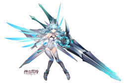 Rule 34 | 1girl, ankle boots, armor, blue eyes, blue gemstone, blue hair, boots, breasts, character request, cleavage, closed mouth, copyright name, covered navel, detached wings, elbow gloves, energy wings, faulds, full body, gem, gloves, grey footwear, grey gloves, grey leotard, grey thighhighs, headpiece, high heel boots, high heels, highres, leotard, long hair, looking at viewer, medium breasts, official art, sidelocks, simple background, solo, spinel (9057), thighhighs, vow of heroes, white background, wings