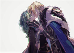 Rule 34 | 1boy, 1girl, aqua hair, blonde hair, blue cape, blue eyes, byleth (female) (fire emblem), byleth (fire emblem), cape, cowboy shot, dimitri alexandre blaiddyd, fire emblem, fire emblem: three houses, fur collar, gauntlets, hands on another&#039;s neck, holding another&#039;s arm, kiss, nintendo, profile, short hair, simple background, sketch, standing, tsukimura noe, white background