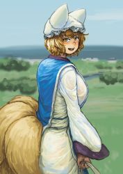 Rule 34 | 1girl, animal hat, blonde hair, blue sky, blurry, blurry background, blush, breasts, carrying bag, chanta (ayatakaoisii), cowboy shot, day, dress, fox tail, from side, grass, hat, highres, horizon, house, large breasts, long sleeves, looking at viewer, looking to the side, mob cap, multiple tails, nose blush, outdoors, mob cap, round teeth, short hair, sky, smile, solo, tabard, tail, teeth, texture, tongue, touhou, tree, walking, white dress, yakumo ran, yellow eyes