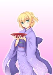 Rule 34 | 1girl, alcohol, alternate costume, blonde hair, blush, commentary request, cup, feet out of frame, green eyes, hair between eyes, half updo, holding, holding cup, isaki (gomi), japanese clothes, kimono, looking at viewer, medium hair, mizuhashi parsee, obi, open mouth, pink background, pointy ears, purple kimono, purple sash, sakazuki, sake, sash, short ponytail, solo, textless version, touhou