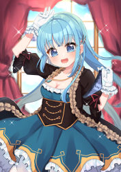 Rule 34 | 1girl, :d, arm up, black jacket, blue dress, blue eyes, blue hair, blue panties, blurry, blurry background, blush, bow, bow panties, breasts, cleavage, commentary request, curtains, depth of field, dress, frilled dress, frilled gloves, frilled jacket, frills, glint, gloves, hair ornament, hairclip, hand up, head tilt, highres, holding, holding clothes, holding panties, holding underwear, indoors, jacket, lace, lace-trimmed panties, lace trim, long hair, looking at viewer, medium breasts, mist train girls, open clothes, open jacket, open mouth, pancras (mist train girls), panties, unworn panties, pleated dress, puffy short sleeves, puffy sleeves, short sleeves, smile, solo, standing, suzu (minagi), underwear, very long hair, white gloves, window