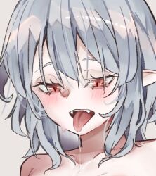 Rule 34 | 1girl, collarbone, commentary request, grey background, grey hair, kanaria (bocmn), lowres, open mouth, remilia scarlet, saliva, short hair, simple background, slit pupils, solo, tongue, tongue out, touhou, upper body