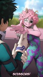 Rule 34 | 1boy, 1girl, ashido mina, biting tongue, black sclera, blue bodysuit, blue sky, blurry, blurry background, bodysuit, boku no hero academia, cloud, colored sclera, colored skin, commentary, cropped jacket, english commentary, english text, from behind, fur trim, gloves, grass, greatm8, green bodysuit, green hair, hand up, highres, holding own arm, horns, looking at another, mask, mask around neck, midoriya izuku, one eye closed, outdoors, outstretched hand, photoshop (medium), pink hair, pink skin, purple bodysuit, short hair, sky, source filmmaker (medium), spiked hair, subtitled, unitard, white gloves, white mask, yellow eyes, yellow horns
