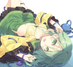 Rule 34 | 1girl, bow, bow bra, bra, breasts, frilled sleeves, frills, green bow, green eyes, green hair, green nails, green skirt, highres, knees up, komeiji koishi, long sleeves, looking at viewer, lying, medium breasts, medium hair, miniskirt, nail polish, navel, on back, open clothes, open mouth, open shirt, panties, satou kibi, shirt, simple background, skirt, smile, solo, third eye, touhou, underwear, white background, wide sleeves, yellow bra, yellow panties, yellow shirt