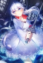 Rule 34 | 1girl, dress, highres, ponytail, rapier, rwby, solo, sword, weapon, weiss schnee, white hair, you hashira