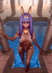 Rule 34 | 1girl, animal ears, armlet, bangle, bare legs, barefoot, blue eyes, blunt bangs, bracelet, breasts, breasts apart, closed mouth, column, dark-skinned female, dark skin, egyptian clothes, facial mark, fate/grand order, fate (series), full body, hairband, highres, jewelry, long hair, looking at viewer, low-tied long hair, medium breasts, navel, nitocris (fate), pillar, pool, purple hair, rabbit ears, revealing clothes, see-through, sidelocks, smile, soaking feet, solo, stairs, standing, thighs, tsurime, two-tone hairband, uusquid, very long hair, wading, wet, wet clothes