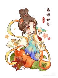 Rule 34 | axiangxiang, bird, chibi, chinese clothes, fluttering shawl, food, fruit, hanfu, highres, leaf, maple leaf, original, persimmon, qixiong ruqun, ruqun, xiaohongshu logo