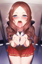 Rule 34 | 1girl, black bow, blue eyes, blue neckerchief, blush, bow, breasts, brown hair, brown shirt, cupping hands, drooling, fate/grand order, fate (series), forehead, hair bow, headphones, highres, leonardo da vinci (active sailor) (fate), leonardo da vinci (fate), leonardo da vinci (fate/grand order), leonardo da vinci (rider) (fate), long hair, looking at viewer, m-da s-tarou, neckerchief, open mouth, oral invitation, own hands together, parted bangs, ponytail, puff and slash sleeves, puffy short sleeves, puffy sleeves, red skirt, sailor collar, saliva, shirt, short sleeves, sitting, skirt, small breasts, solo, thighs, tongue, tongue out, uvula, white sailor collar