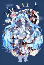 Rule 34 | 1girl, bird, birdcage, blue eyes, blue hair, rabbit, cage, dress, hatsune miku, highres, long hair, matching hair/eyes, musical note, piano keys, quaver, sheet music, solo, thighhighs, treble clef, twintails, very long hair, vocaloid