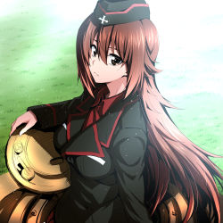 Rule 34 | 10s, 1girl, alternate hair length, alternate hairstyle, black hat, black jacket, closed mouth, commentary request, day, dress shirt, garrison cap, girls und panzer, grass, hair between eyes, hat, jacket, kuromorimine military uniform, light particles, long hair, long sleeves, looking at viewer, looking back, military, military hat, military uniform, nakahira guy, nishizumi maho, outdoors, red shirt, shirt, sketch, solo, tank cupola, uniform