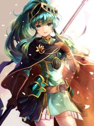 Rule 34 | 1girl, aqua eyes, aqua hair, armor, belt, cape, cosplay, earrings, eirika (fire emblem), ephraim (fire emblem), ephraim (fire emblem) (cosplay), female focus, fire emblem, fire emblem: the sacred stones, fire emblem heroes, gloves, highres, holding, holding weapon, jewelry, lance, long hair, looking at viewer, matching hair/eyes, nintendo, official alternate costume, okiteruyo, open mouth, polearm, ponytail, skirt, solo, weapon