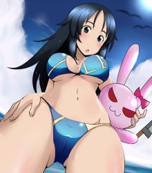 Rule 34 | 10s, 1girl, bikini, black eyes, black hair, breasts, cameltoe, cleavage, cloud, day, from below, girls und panzer, gluteal fold, groin, knife, large breasts, long hair, looking down, navel, nekota susumu, open mouth, sky, solo, stuffed toy, swimsuit, thighs, wet, yamagou ayumi