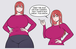 Rule 34 | 1girl, blush, breasts, brown hair, curvy, english text, grey background, hands on own hips, highres, huge breasts, jam-orbital, lips, long hair, long sleeves, original, pants, pink shirt, shirt, solo, speech bubble, yoga pants