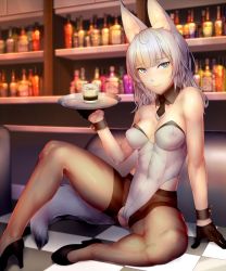 Rule 34 | 1girl, alcohol, animal ears, ass, bar (place), bare shoulders, black gloves, black pantyhose, blue eyes, blue hair, blunt bangs, bottle, breasts, checkered floor, cleavage, covered erect nipples, covered navel, crotch cutout, cup, detached collar, drinking glass, fox ears, fox tail, geetsu, gloves, ice, ice cube, kageshio (276006), knee up, leotard, long hair, looking at viewer, matching hair/eyes, necktie, nontraditional playboy bunny, original, pantyhose, playboy bunny, sekka (kageshio), sitting, smile, solo, tail, torn clothes, torn pantyhose, tray, wrist cuffs