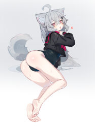 Rule 34 | 1girl, absurdres, ahoge, animal ear fluff, animal ears, ass, bandaid, bandaid on cheek, bandaid on face, bandaid on knee, bandaid on leg, bandaid on nose, barefoot, black sailor collar, black shirt, blush, borrowed character, commentary, cropped shirt, grey hair, hair ornament, hairclip, highres, kilabo, long hair, long sleeves, lying, neckerchief, on side, one-piece swimsuit, open mouth, original, pink eyes, puffy long sleeves, puffy sleeves, red neckerchief, rir-chan, sailor collar, school swimsuit, shirt, soles, solo, swimsuit, swimsuit under clothes, symbol-only commentary, tail, toes, wolf ears, wolf girl, wolf tail