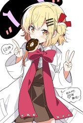 Rule 34 | 1girl, blonde hair, brown overalls, commentary request, doughnut, food, food in mouth, hair ornament, hair ribbon, hairclip, highres, lab coat, long hair, long sleeves, looking at viewer, neck ribbon, null (nullpeta), nullpeta, overalls, peta robo (nullpeta), ribbon, takeshima eku, translation request, white background, wide sleeves, yellow eyes