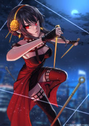 Rule 34 | 1girl, black dress, black footwear, black hair, boots, breasts, cityscape, cleavage, commentary request, dagger, dress, dual wielding, earrings, fingerless gloves, gloves, hairband, high heel boots, high heels, highres, holding, holding dagger, holding knife, holding weapon, jewelry, knife, kuraiaku, large breasts, moon, parted lips, red eyes, short dress, short hair, solo, spy x family, tailcoat, thigh boots, weapon, yellow hairband, yor briar