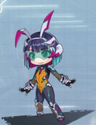 Rule 34 | 1girl, animal ears, animated, animated gif, blue hair, bodysuit, boots, breasts, chibi, fake animal ears, fake tail, female focus, full body, gloves, gradient hair, green-tinted eyewear, high heels, highleg, highleg leotard, jumping, leotard, lilith-soft, looking to the side, lowres, multicolored bodysuit, multicolored clothes, multicolored hair, open mouth, rabbit ears, rabbit tail, red eyes, shiny clothes, shiny skin, short hair, small breasts, smile, solo, tail, taimanin (series), taimanin rpgx, thighs, thong leotard, tinted eyewear, tsuzuruki mikoto