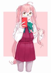 Rule 34 | 1girl, ahoge, alternate hairstyle, alternate sleeve length, bad id, bad twitter id, blue-framed eyewear, bow, bowtie, camera phone, cellphone, cowboy shot, cropped legs, glasses, green bow, green bowtie, grey pantyhose, halterneck, highres, kantai collection, long hair, long sleeves, makigumo (kancolle), ojipon, pantyhose, phone, pink background, pink hair, school uniform, shirt, solo, standing, twintails, two-tone background, very long hair, white background, white shirt