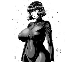Rule 34 | 1girl, amazon (taitaitaira), arms at sides, breasts, covered collarbone, covered erect nipples, covered navel, dress, fubuki (one-punch man), greyscale, high collar, highres, huge breasts, hypnosis, large breasts, monochrome, one-punch man, open mouth, puffy nipples, short hair, simple background, skin tight, solo, teeth, white background