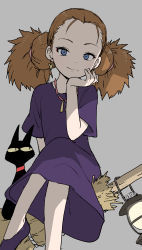 Rule 34 | 1girl, absurdres, animal, arm support, black cat, blue eyes, broom, broom riding, brown hair, cat, closed mouth, commentary request, dress, earrings, forehead, grey background, hand up, head in hand, head rest, heart, heart earrings, highres, jewelry, lantern, crossed legs, majo no takkyuubin, multi-tied hair, necklace, purple dress, purple footwear, senior witch (majo no takkyuubin), shoes, short sleeves, simple background, sitting, smile, solo, twintails, yamamoto souichirou