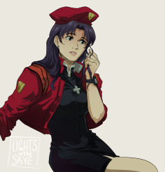 Rule 34 | 1girl, artist name, beret, black dress, cropped jacket, cross, cross necklace, dress, earrings, hat, highres, jacket, jewelry, katsuragi misato, long hair, looking to the side, naomi skye, necklace, neon genesis evangelion, open clothes, open jacket, parted lips, pencil dress, playing with own hair, purple hair, red hat, red jacket, short dress, signature, simple background, sitting, solo, stud earrings, uniform, watch, wristwatch