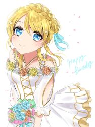 Rule 34 | 1girl, alternate hairstyle, aqua flower, aqua ribbon, artist name, artist request, ayase eli, bare shoulders, blonde hair, blue eyes, blush, bouquet, braid, breasts, cleavage, collarbone, criss-cross halter, cross-laced clothes, cross-laced dress, dress, earrings, female focus, flower, flower dress, flower print, frilled dress, frilled skirt, frills, hair between eyes, hair bun, hair flower, hair ornament, hair ribbon, halterneck, highres, holding, holding bouquet, jewelry, long hair, looking at viewer, love live!, love live! school idol festival all stars, love live! school idol project, miniskirt, orange flower, parted lips, petals, pink petals, plaid, plaid dress, plaid skirt, pleated, pleated dress, pleated skirt, puffy short sleeves, puffy sleeves, ribbon, see-through, see-through sleeves, short hair, short sleeves, side braid, side bun, single hair bun, skirt, sleeveless, sleeveless dress, small breasts, smile, solo, white dress, white flower, white skirt, yellow flower