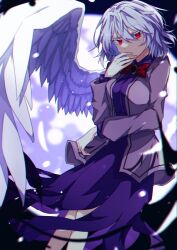 Rule 34 | 1girl, bow, bowtie, commentary request, dress, grey hair, highres, jacket, kishin sagume, light particles, looking at viewer, purple dress, red bow, red bowtie, red eyes, short hair, single wing, solo, souko illust, touhou, white wings, wings