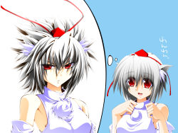 Rule 34 | 1girl, animal ears, bare shoulders, blue background, breasts, detached sleeves, engo (aquawatery), hair between eyes, hat, highres, imagining, inubashiri momiji, looking at viewer, open mouth, pom pom (clothes), red eyes, serious, short hair, silver hair, simple background, solo, tareme, thought bubble, tokin hat, touhou, tsurime, upper body, wolf ears