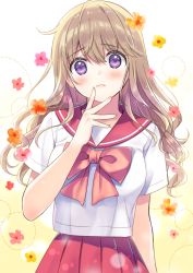 Rule 34 | 1girl, bad id, bad pixiv id, blush, bow, breasts, brown hair, closed mouth, commentary request, fingernails, flower, hair between eyes, hand up, long hair, orange flower, original, pink flower, pleated skirt, purple eyes, red bow, red sailor collar, red skirt, sailor collar, school uniform, serafuku, shirt, skirt, small breasts, solo, sumisaki yuzuna, upper body, white shirt, yellow flower