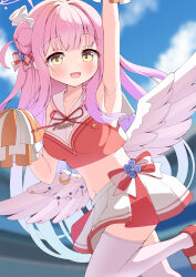 Rule 34 | 1girl, :d, alternate costume, angel wings, arm up, armpits, azel (laevateinn495), blue archive, blue sky, blunt bangs, blurry, bow, cloud, cloudy sky, collarbone, commentary request, depth of field, feathered wings, hair bow, hair bun, hair ornament, hair ribbon, hair scrunchie, halo, highres, holding, holding pom poms, long hair, looking at viewer, mika (blue archive), navel, open mouth, outdoors, pink hair, pleated skirt, pom pom (cheerleading), pom poms, red skirt, ribbon, scrunchie, shoes, sidelocks, single side bun, skirt, sky, sleeveless, smile, sneakers, solo, standing, standing on one leg, stomach, thighhighs, white thighhighs, white wings, wings, yellow eyes, zettai ryouiki