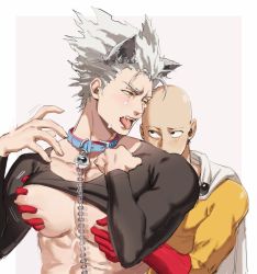 Rule 34 | 2boys, absurdres, animal ears, bald, bell, blush, border, cape, chain, clothes lift, collar, collarbone, commentary, crying, crying with eyes open, dudlesnoodles, fang, garou (one-punch man), gloves, grabbing, grey hair, highres, looking at another, male focus, multiple boys, muscular, muscular male, neck bell, nipple pull, nipple stimulation, nipples, one-punch man, pectoral grab, pectorals, pointy hair, red gloves, saitama (one-punch man), shirt lift, skin tight, streaming tears, superhero costume, symbol-only commentary, tears, tongue, tongue out, upper body, wolf boy, wolf ears, yaoi, yellow eyes