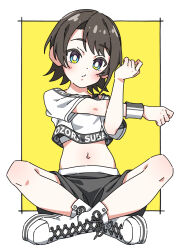 Rule 34 | 1girl, absurdres, black shorts, black wristband, blush, boots, border, bra, bra peek, brown hair, character name, flower 035, highres, hololive, indian style, looking at viewer, navel, oozora subaru, outside border, shirt, short hair, short sleeves, shorts, sitting, solo, sports bra, stretching, sweatband, underwear, virtual youtuber, white border, white footwear, white shirt, wristband, yellow background