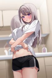 Rule 34 | 1girl, black shorts, blue eyes, blurry, blurry background, blush, breasts, chigusa minori, commentary request, corrupted twitter file, cowboy shot, grey hair, highres, indoors, large breasts, long hair, looking at viewer, navel, parted lips, saotome shino (shino to ren), shino to ren, shirt, short shorts, short sleeves, shorts, solo, thighs, white shirt