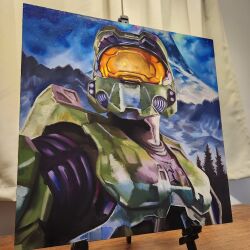 Rule 34 | 1boy, alex delso, armor, assault visor, commentary, curtains, english commentary, green helmet, halo (series), halo 2, helmet, highres, looking up, master chief, mountain, night, night sky, oil painting (medium), painting (medium), portrait, power armor, second-party source, sky, solo, spartan (halo), star (sky), traditional media