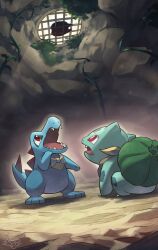 Rule 34 | animal focus, blue skin, bow, bright pupils, bulbasaur, colored skin, commentary request, creatures (company), crocodilian, game freak, gen 1 pokemon, gen 2 pokemon, grate, hakkentai pokedan, highres, light, nintendo, no humans, open mouth, plant, pokemon, pokemon (creature), pokemon mystery dungeon, pokemon mystery dungeon: explorers of time/darkness/sky, red eyes, rock, scarf, sharp teeth, spikes, teeth, totodile, white pupils, yellow bow, yellow scarf