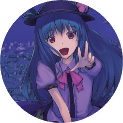 Rule 34 | 1girl, :d, blue hair, female focus, hat, hinanawi tenshi, ken-1, long hair, looking at viewer, lowres, night, open mouth, outstretched hand, purple eyes, smile, solo, touhou