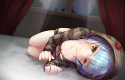 Rule 34 | 1girl, arm rest, bare legs, blue hair, breasts, cleavage, closed mouth, commentary request, curtains, downblouse, full body, green eyes, highres, hood, hood up, hoodie, indoors, kemono friends, long sleeves, looking at viewer, lying, medium breasts, on side, oren (770len), solo, striped clothes, striped hoodie, tsuchinoko (kemono friends), window