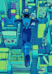 Rule 34 | 1boy, blue bodysuit, bodysuit, boots, cityscape, from behind, gauntlets, helmet, highres, mega man (series), mega man battle network (series), megaman.exe, midair, nctn patch, scenery, solo