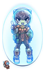 Rule 34 | 1girl, :d, alien, black bodysuit, bodysuit, boots, breasts, brown bodysuit, brown hair, colored skin, creature and personification, crossed bangs, crotch plate, detached sleeves, energy barrier, fang, full body, gloves, green skin, grey sleeves, hair between eyes, hand on own hip, helmet, knee boots, long sleeves, looking at viewer, martian officer, multicolored bodysuit, multicolored clothes, no nose, nyong nyong, open mouth, orange footwear, orange gloves, puffy long sleeves, puffy sleeves, reference inset, short hair, simple background, small breasts, smile, solo, space helmet, standing, terraria, thigh strap, tsurime, v-shaped eyebrows, white background