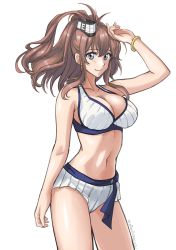 Rule 34 | 1girl, adapted costume, arm up, bikini, bracelet, breasts, brown hair, cleavage, collarbone, cowboy shot, grey eyes, hair between eyes, high heels, highres, jewelry, kantai collection, large breasts, looking at viewer, navel, ponytail, ribbed bikini, saratoga (kancolle), side ponytail, sidelocks, simple background, smile, smokestack, solo, sozan, standing, swimsuit, white background, white bikini