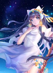 Rule 34 | 1girl, bad id, bad pixiv id, black hair, blue eyes, chariot.f, dress, isis (p&amp;d), long hair, night, night sky, puzzle &amp; dragons, sky, solo, staff, star (sky), starry sky