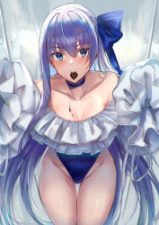 Rule 34 | 1girl, absurdres, bare shoulders, blue eyes, blue ribbon, blush, breasts, candy, chocolate, chocolate heart, choker, collarbone, fate/grand order, fate (series), food, frilled one-piece swimsuit, frills, hair ribbon, heart, highleg, highleg swimsuit, highres, hitomin (ksws7544), huge filesize, long hair, long sleeves, looking at viewer, meltryllis, meltryllis (fate), meltryllis (swimsuit lancer) (fate), meltryllis (swimsuit lancer) (second ascension) (fate), off-shoulder one-piece swimsuit, off shoulder, one-piece swimsuit, open mouth, outstretched arms, puffy sleeves, purple hair, ribbon, sleeves past fingers, sleeves past wrists, small breasts, solo, swimsuit, thighs, very long hair, white ribbon