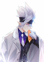 Rule 34 | 1boy, aotu world, black headband, black jacket, buttons, collared shirt, gloves, grey (aotu world), headband, highres, holding, jacket, layered sleeves, long sleeves, making-of available, male focus, mouth hold, necktie, pointy ears, purple eyes, purple shirt, shirt, short hair, simple background, solo, upper body, white background, white gloves, white hair, white jacket, white necktie, yusa (yusa0751)