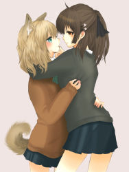 Rule 34 | 2girls, animal ears, aqua eyes, arm around neck, blonde hair, brown hair, couple, eye contact, fuwayu, grabbing another&#039;s chin, hand on another&#039;s chin, highres, hug, inutose, looking at another, multiple girls, original, profile, red eyes, school uniform, simple background, skirt, sweater, tail, yuri