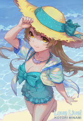 Rule 34 | 10s, 1girl, barefoot, beach, breasts, brown hair, cleavage, day, frilled swimsuit, frills, gou (ga673899), hand on headwear, haoni, hat, jacket, jewelry, leg up, long hair, looking up, love live!, love live! school idol festival, love live! school idol project, md5 mismatch, medium breasts, minami kotori, necklace, outdoors, resolution mismatch, smile, solo, source smaller, standing, standing on one leg, straw hat, sun hat, swimsuit, water, yellow eyes