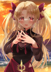 Rule 34 | 1girl, absurdres, blonde hair, commentary, earrings, ereshkigal (fate), ereshkigal (youming niangniang) (fate), fate/grand order, fate (series), highres, jewelry, long sleeves, looking at viewer, mochizuki shion, nail polish, official alternate costume, own hands together, red eyes, red nails, smile, solo, sunset, tassel, twintails, vietnamese dress